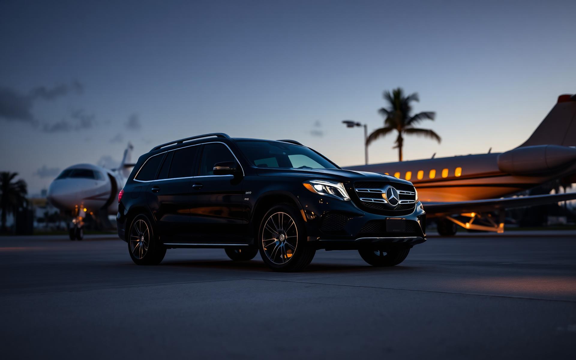Luxury Mercedes SUV meeting a private jet at dusk in Antigua
